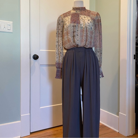 Sheer Smocked Patchwork Long Sleeve Mock Neck Blouse - Size M - Picture 4 of 10